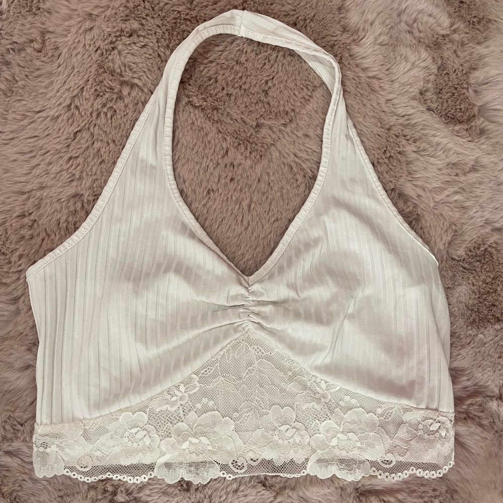 SHEIN White Lace Trim Halter Crop Top